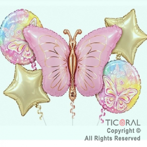 SET DE GLOBOS METALIZADO MARIPOSA TONOS ROSA 5 UNIDADES